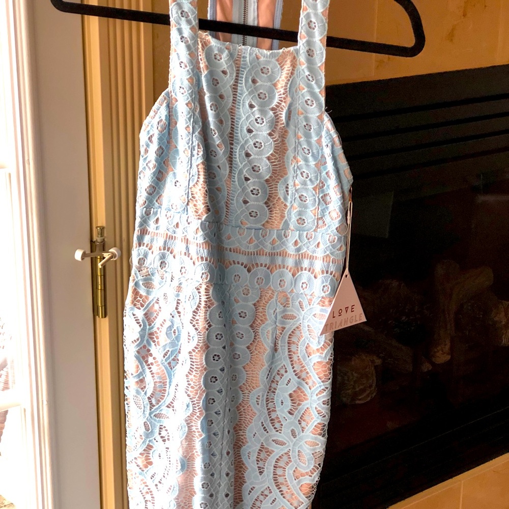 Love Triangle light blue lace fitted dress